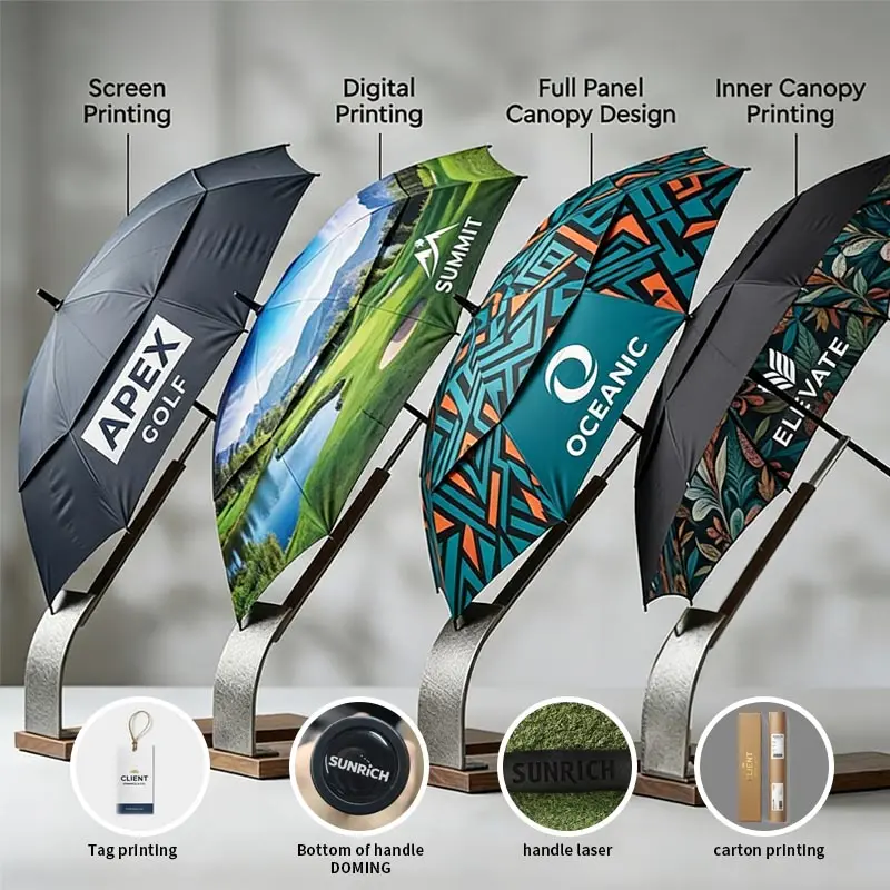 custom logo printing on umbrellas with options like screen printing digital printing and full panel branding