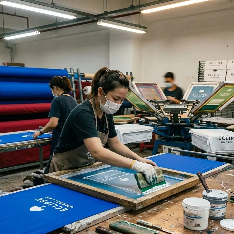 printing process for umbrella canopies showcasing logo and design printing on umbrella fabric