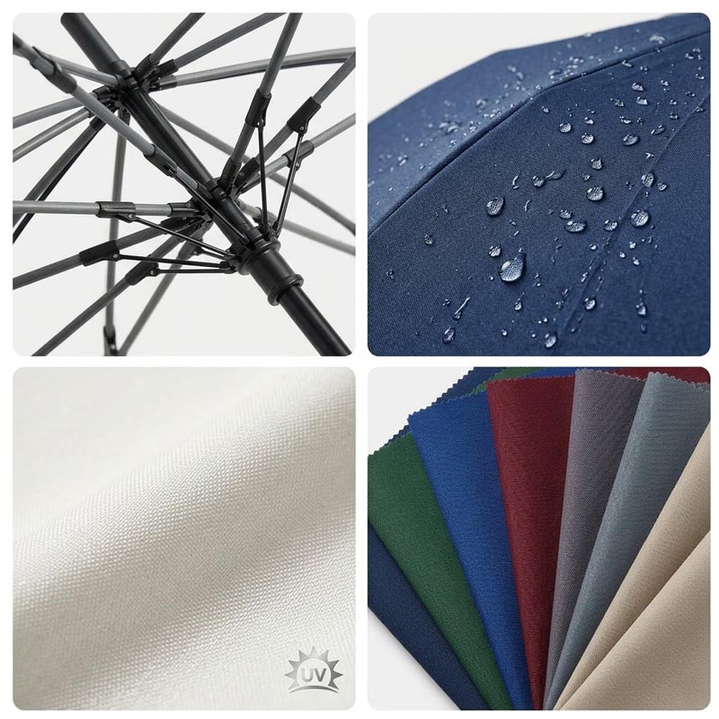 selection of customizable umbrella frames and fabrics including lightweight frames and water repellent uv protective textiles