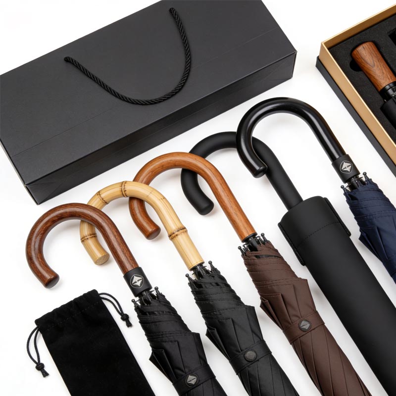 variety of customizable umbrella handles sleeves and packaging options for personalized gifts and corporate branding