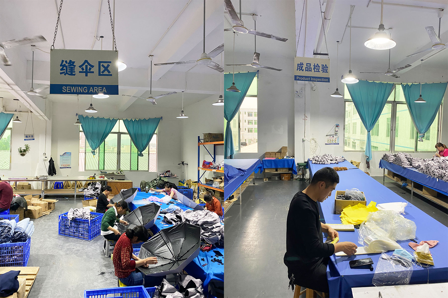 YJ Umbrella packaging and export support team preparing custom umbrellas for shipment